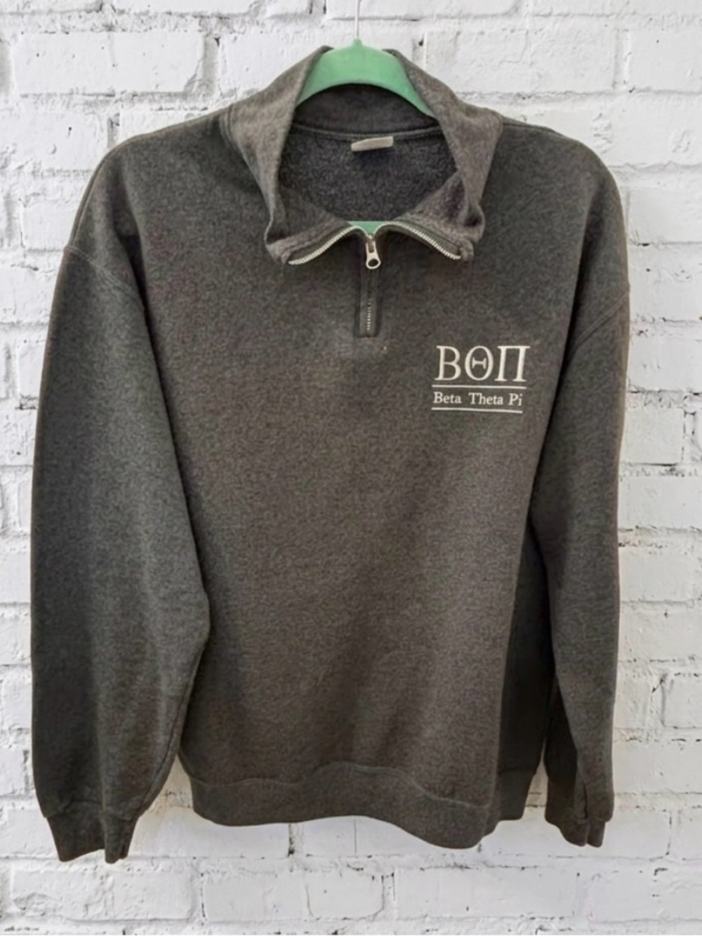 Beta Theta Pi Charcoal Gray Quarter-Zip Sweatshirt with White Crest